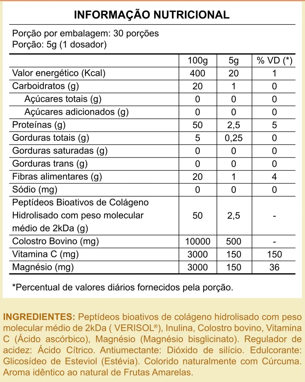 Tabela de informação nutricional do COWY Ouro Líquido: porção de 5 g, valor energético, carboidratos, proteínas, colágeno VERISOL®, colostro bovino, vitamina C, magnésio e lista de ingredientes.
