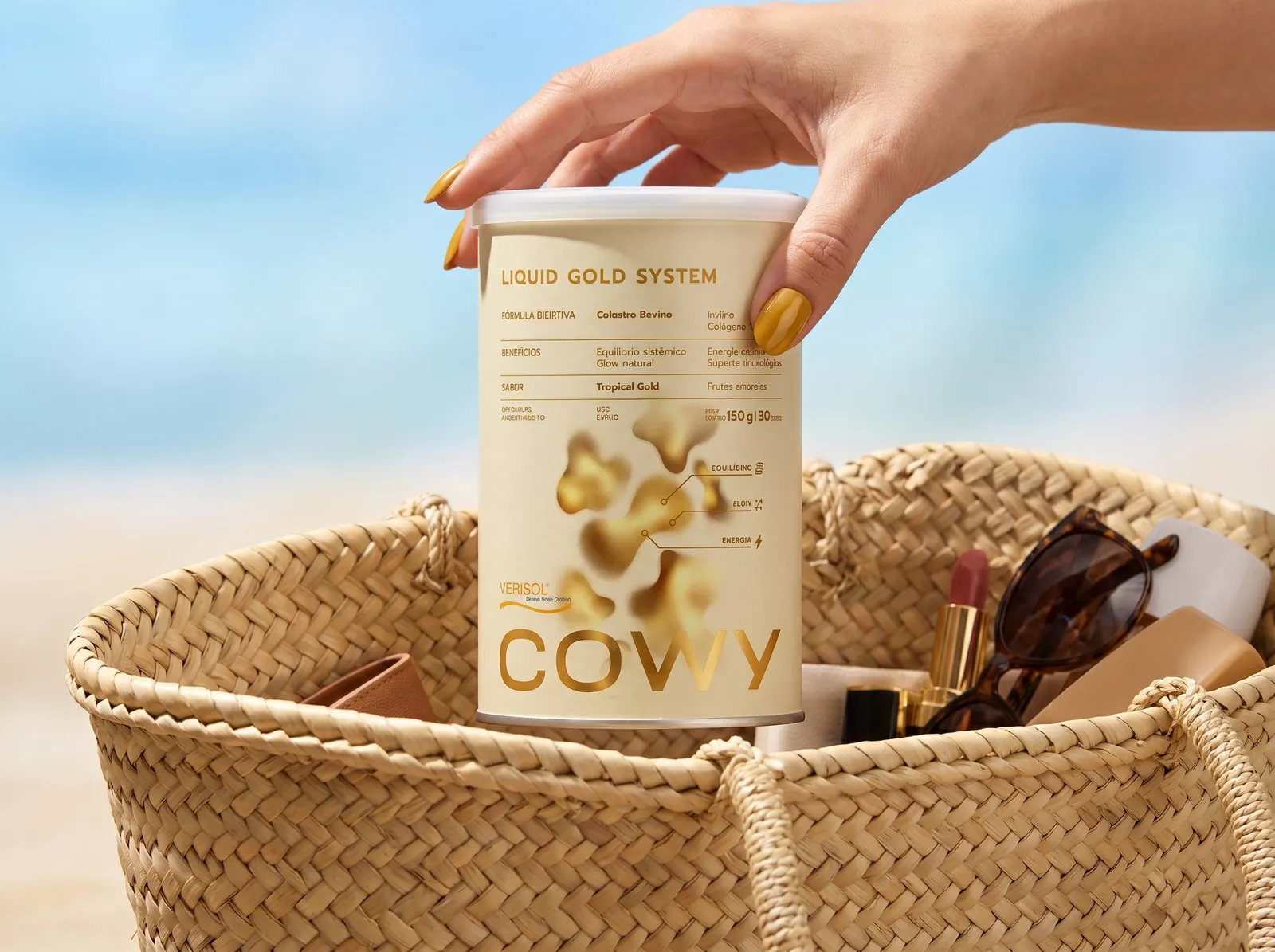 COWY na bolsa de praia