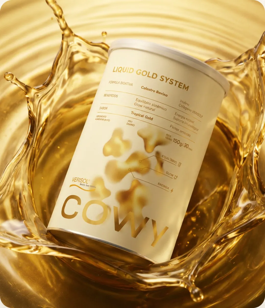 Um pote de COWY Ouro Líquido sobre splash dourado