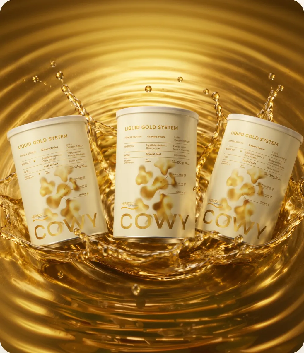 Três potes de COWY Ouro Líquido sobre splash dourado