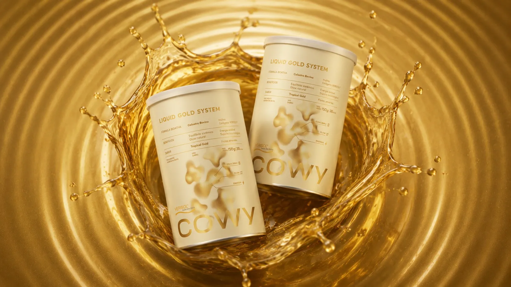 Dois potes de COWY Ouro Líquido sobre splash dourado